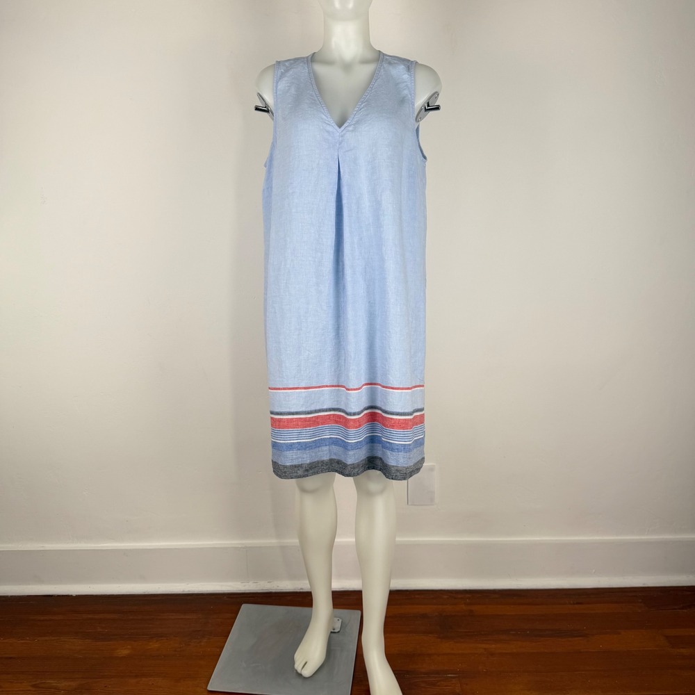 J.Jill Love Linen Blue Striped Hem V-Neck Shift Dress Women's XL Petite
